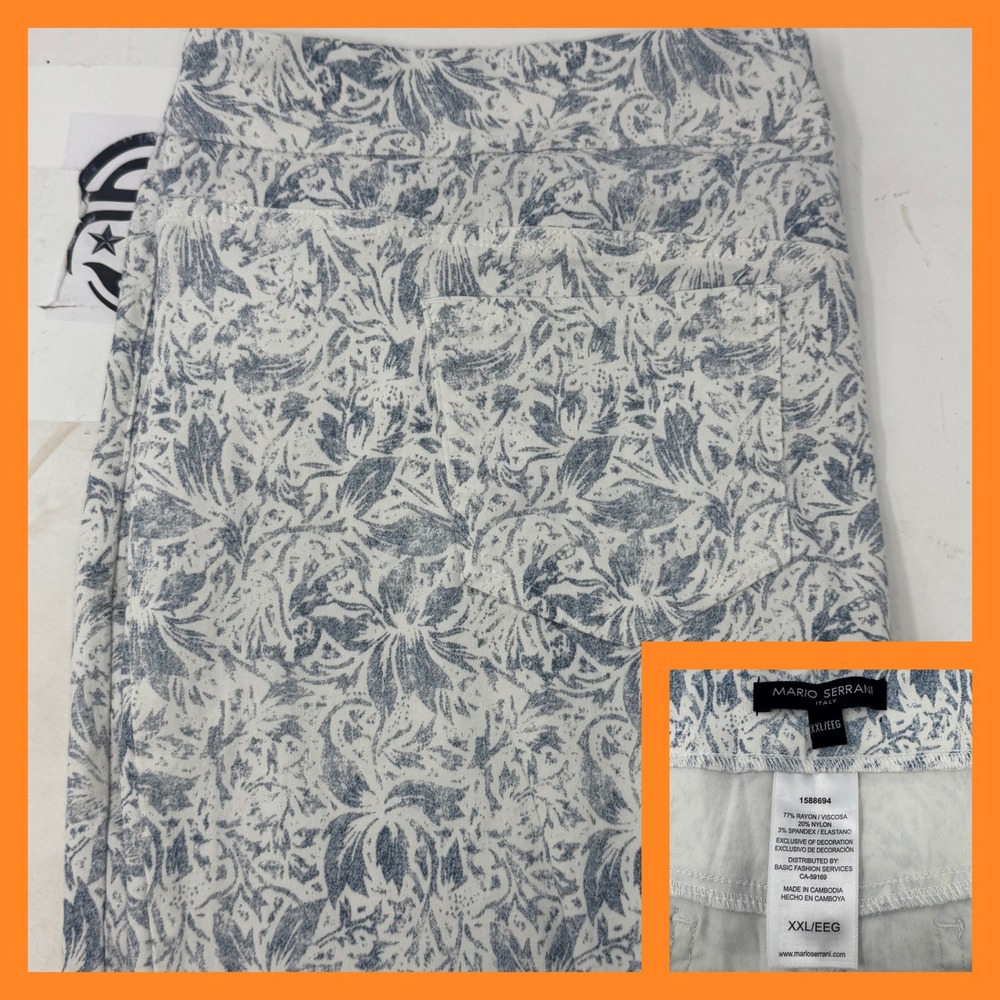 Mario Serrani Italy Pants Womens XXL Blue White Floral Pull On Stretch Slim Leg